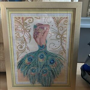 Beaded Peacock Dress Wall Art - Framed Embellished Print